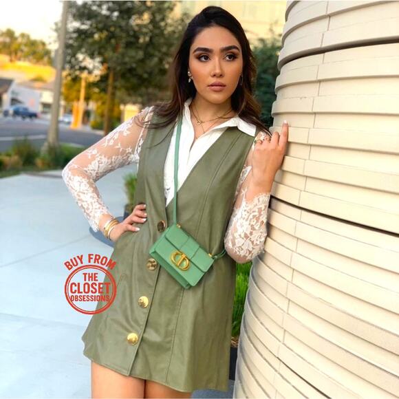 💚 ZARA V-Neck Button Mini Dress NWT | Green Faux Leather Pinafore S/M - Picture 5 of 16